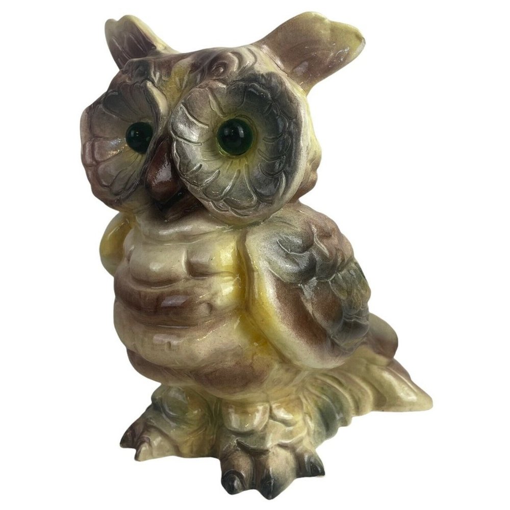 Vintage Large Ceramic Hand Painted Kitschy  Owl Statue Figurine Marble Eyes 8.75